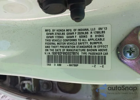 2013 Honda Civic Ex-L z USA, uszkodzony, nr VIN 19XFB2F99DE078974